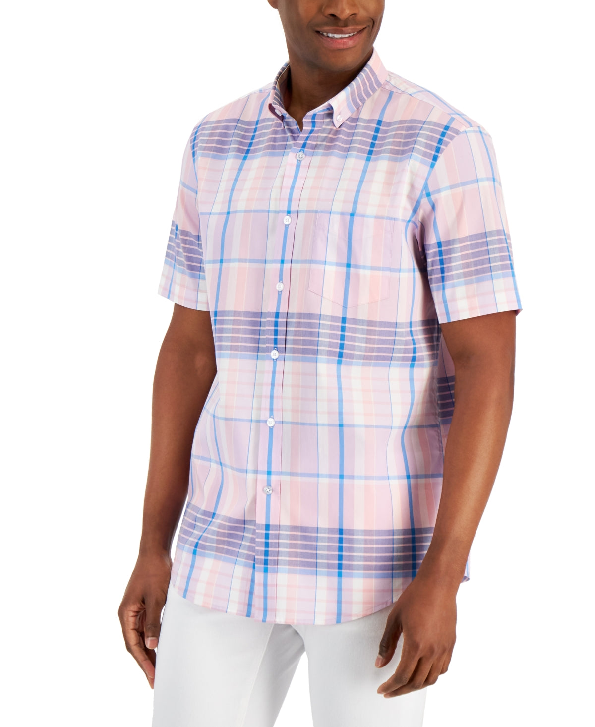 Camisa de popeline xadrez Romero masculina Club Room, rosa, tamanho médio