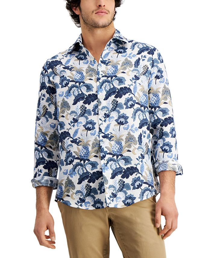 Camisa de linho masculina Club Room Regular Fit Jacobean com estampa floral, azul, tamanho médio