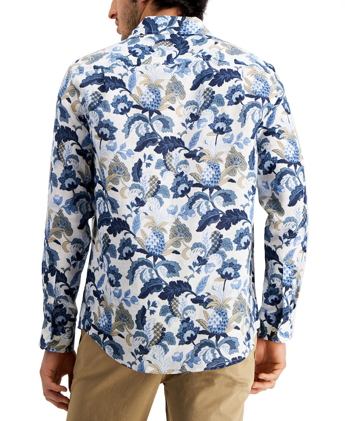 Camisa de linho masculina Club Room Regular Fit Jacobean com estampa floral, azul, tamanho médio