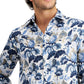 Camisa de linho masculina Club Room Regular Fit Jacobean com estampa floral, azul, tamanho médio