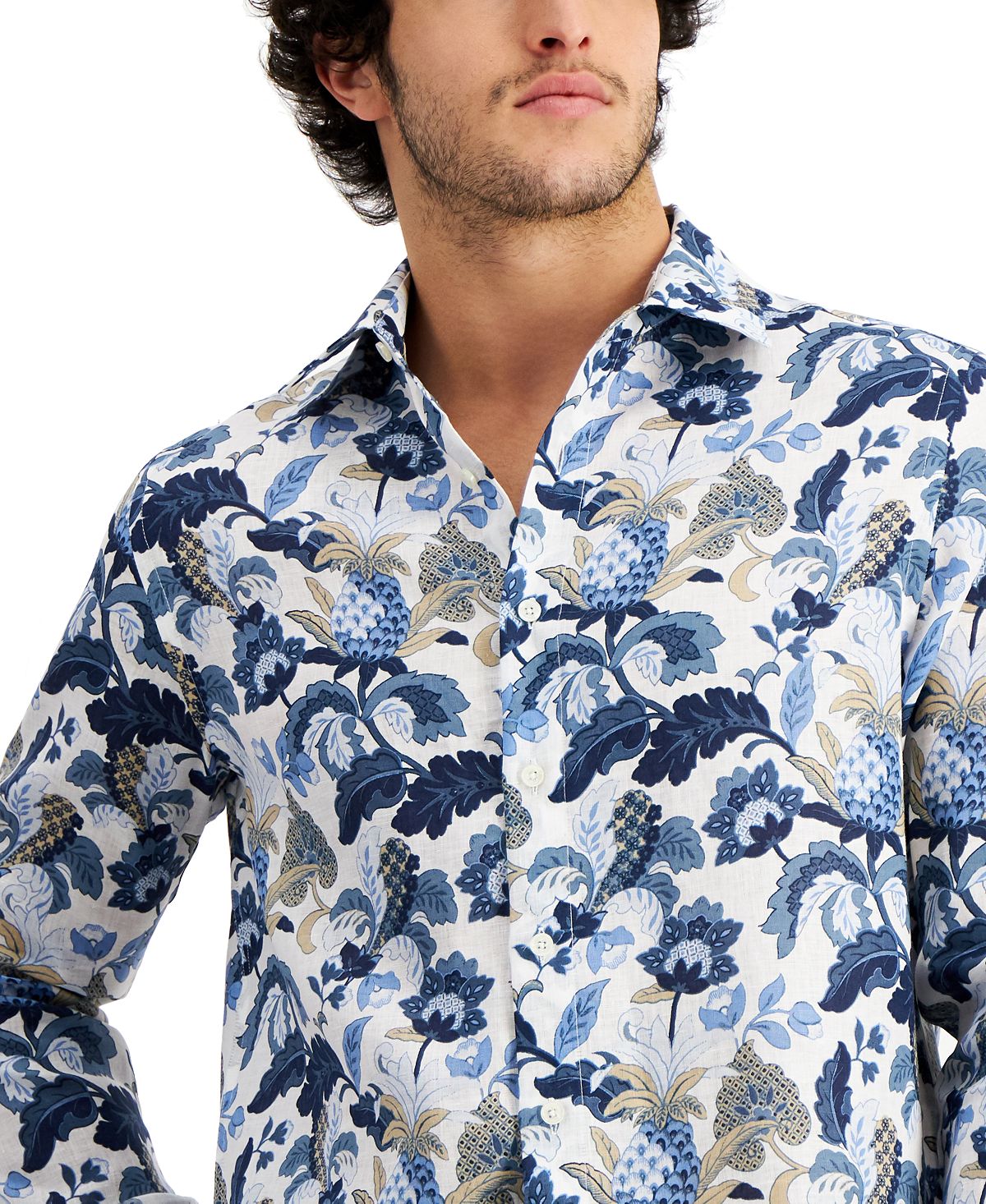 Camisa de linho masculina Club Room Regular Fit Jacobean com estampa floral, azul, tamanho médio