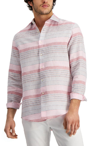 Camisa de linho listrada masculina Club Room, tamanho médio, rosa, ajuste regular