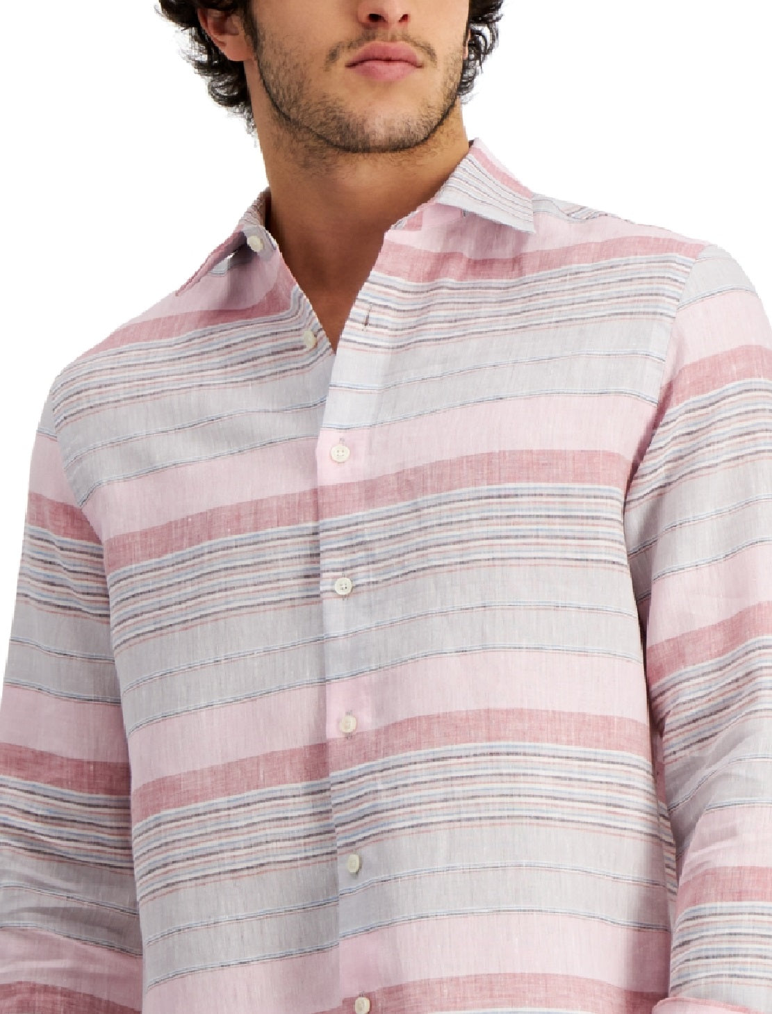 Camisa de linho listrada masculina Club Room, tamanho médio, rosa, ajuste regular