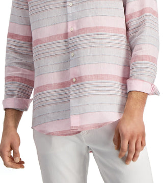 Camisa de linho listrada masculina Club Room, tamanho médio, rosa, ajuste regular