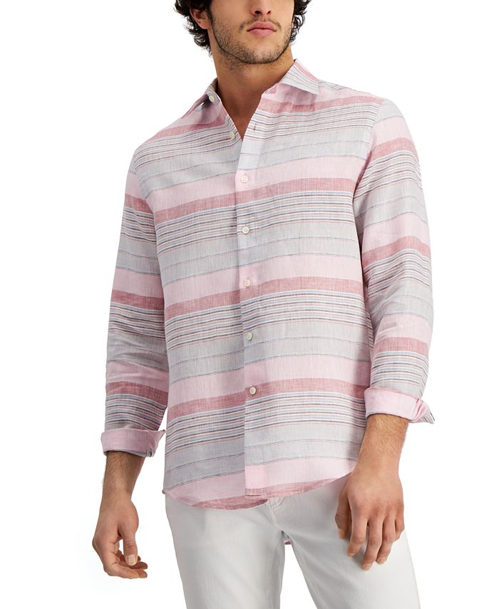 Camisa de linho listrada masculina Club Room, tamanho grande, rosa, ajuste regular