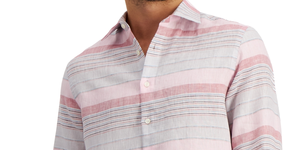 Camisa de linho listrada masculina Club Room, tamanho grande, rosa, ajuste regular