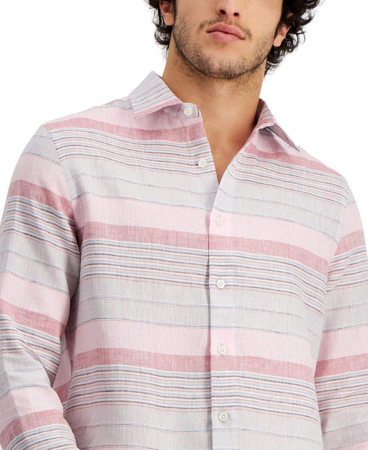 Camisa de linho listrada masculina Club Room Regular Fit Rosa