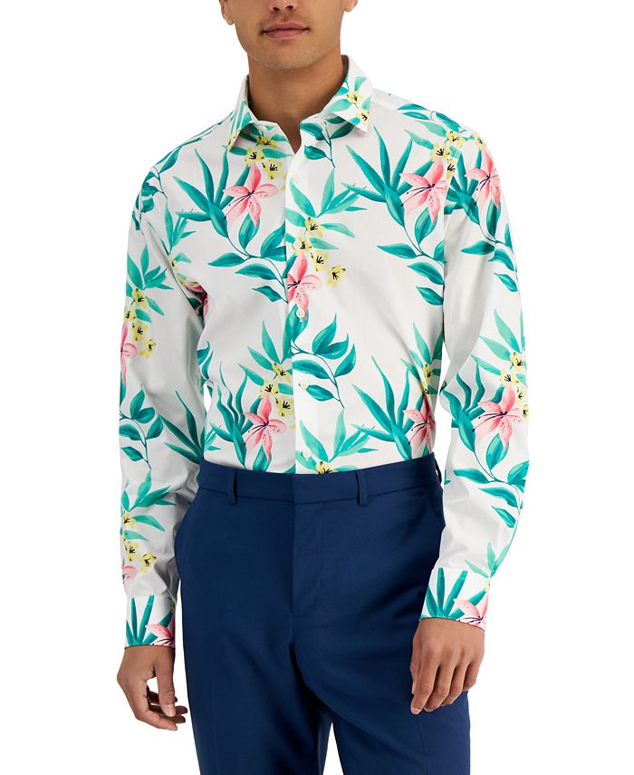Camisa social masculina Bar III Slim Fit com estampa tropical, branca, tamanho grande