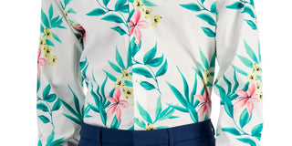 Camisa social masculina Bar III Slim Fit com estampa tropical, branca, tamanho grande