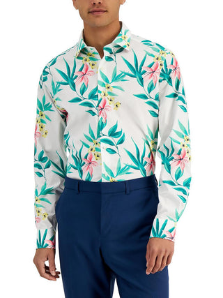 Camisa masculina Bar III de algodão orgânico tropical com ajuste fino e botões, branca/verde, tamanho GG