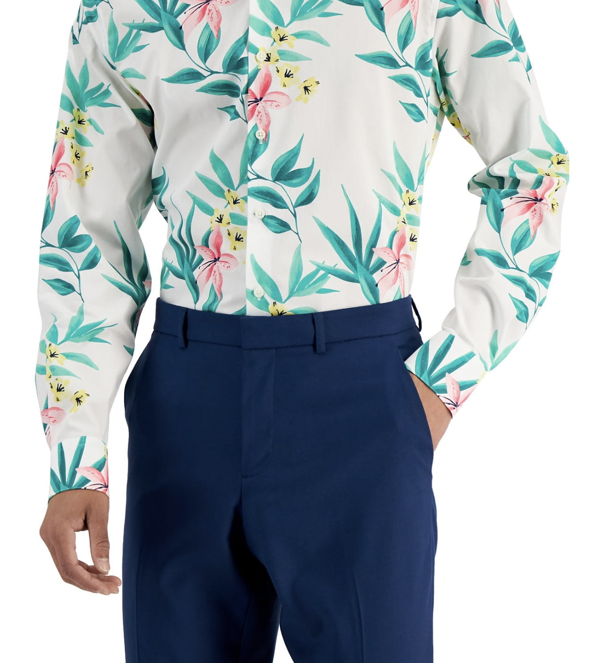 Camisa masculina Bar III de algodão orgânico tropical com ajuste fino e botões, branca/verde, tamanho GG