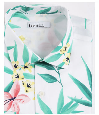 Camisa masculina Bar III de algodão orgânico tropical com ajuste fino e botões, branca/verde, tamanho GG