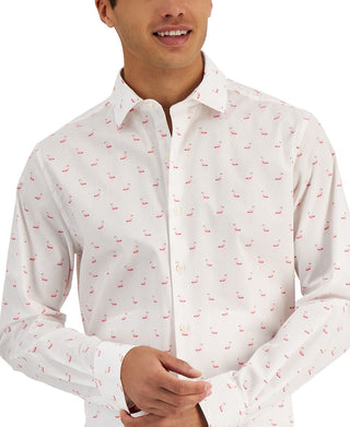 Bar III Men's Slim Fit Flamingo Print Dress Shirt White Size Large