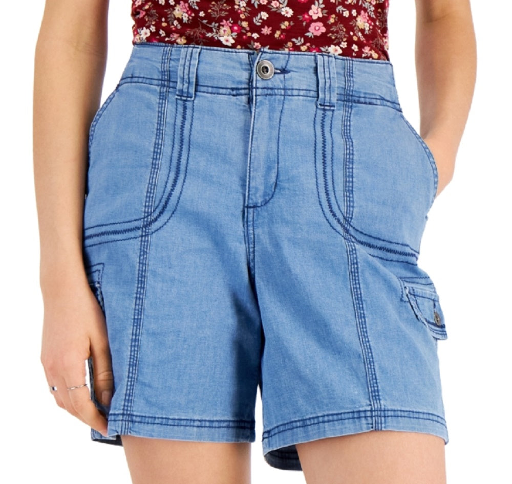 Shorts femininos estilo &amp; co, azul, com pespontos, tamanho 6, pequeno