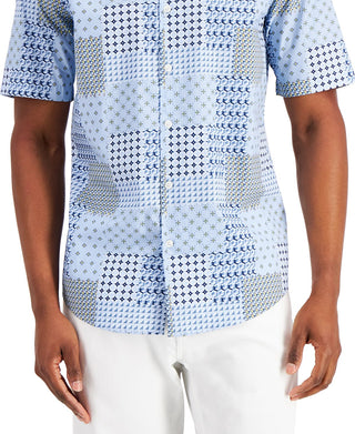 Camisa masculina Alfani de manga curta com estampa geométrica e costas abertas, tamanho P