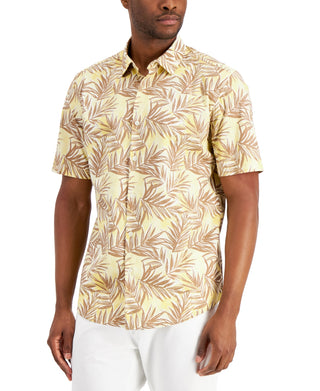 Camisa masculina Alfani Barello Leaf Knit Back manga curta amarela tamanho pequeno