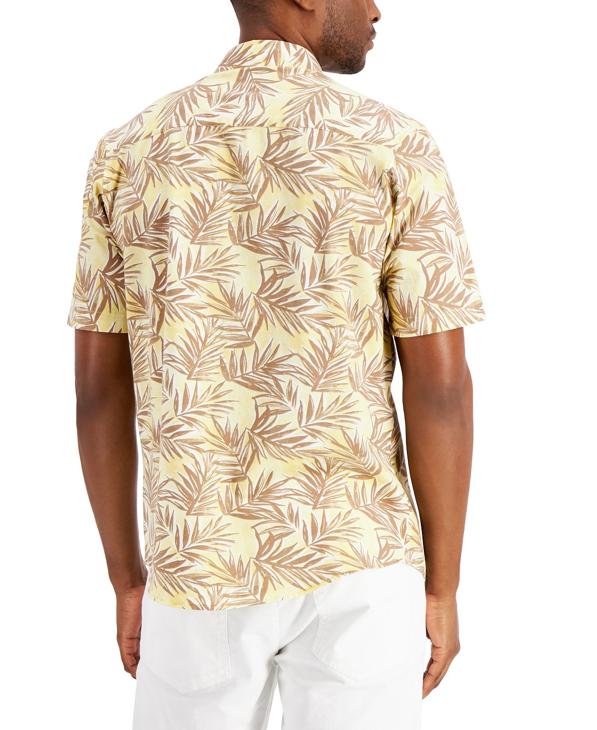 Camisa masculina Alfani Barello Leaf Knit Back manga curta amarela tamanho médio