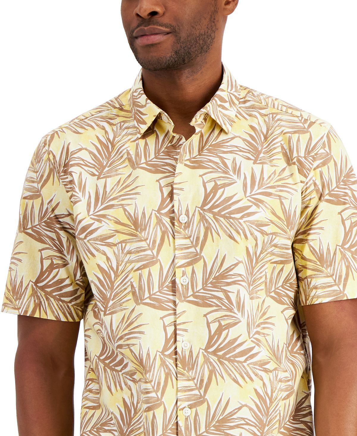 Camisa masculina Alfani Barello Leaf Knit Back manga curta amarela tamanho médio