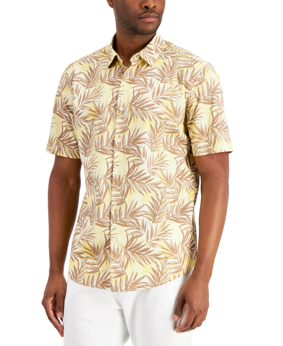 Camisa masculina Alfani Barello Leaf Knit Back manga curta amarela tamanho médio