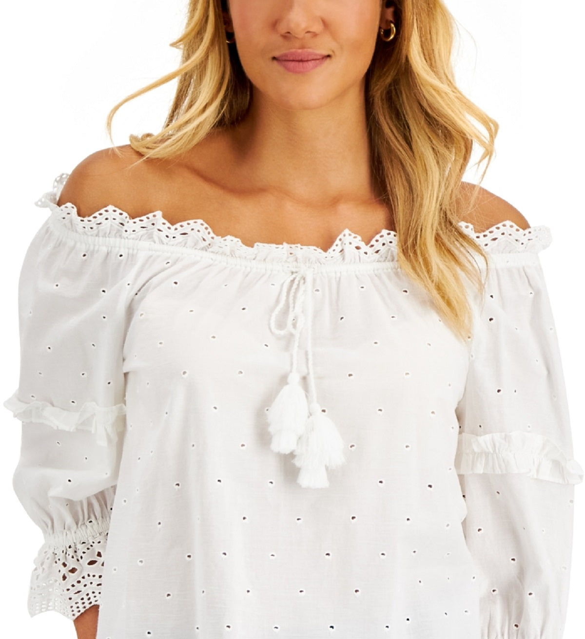 Charter Club Feminino Algodão Schiffli Top Branco Tamanho Pequeno Pequeno