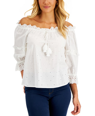 Charter Club Feminino Algodão Schiffli Top Branco Tamanho Pequeno Pequeno