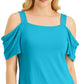 JM Collection Blusa feminina com ombros descobertos, azul, tamanho pequeno
