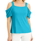 JM Collection Blusa feminina com ombros descobertos, azul, tamanho pequeno