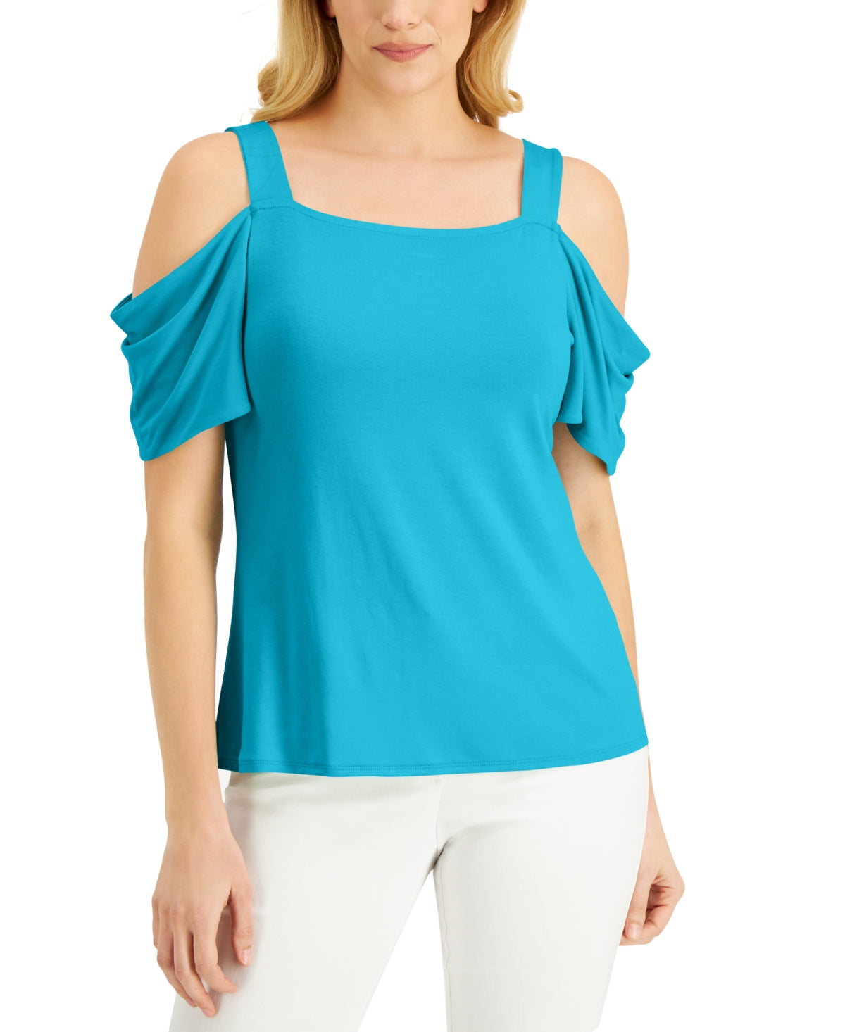 JM Collection Blusa feminina com ombros descobertos, azul, tamanho extragrande