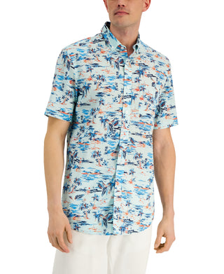 Club Room Camiseta Masculina Regular Fit Texturizada com Estampa Tropical Azul Tamanho P
