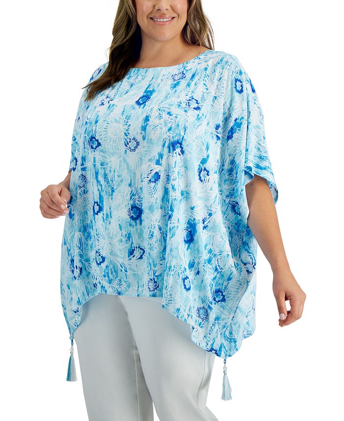 JM Collection Poncho feminino estampado de gaze azul tamanho 0X