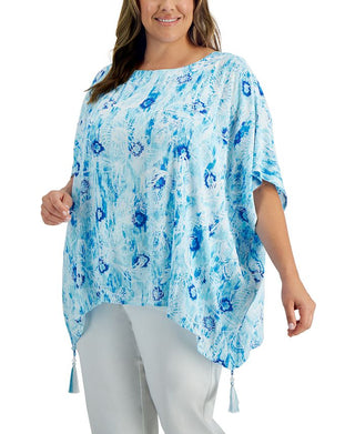 JM Collection Women's Printed Gauze Poncho Top Blue Size 0X