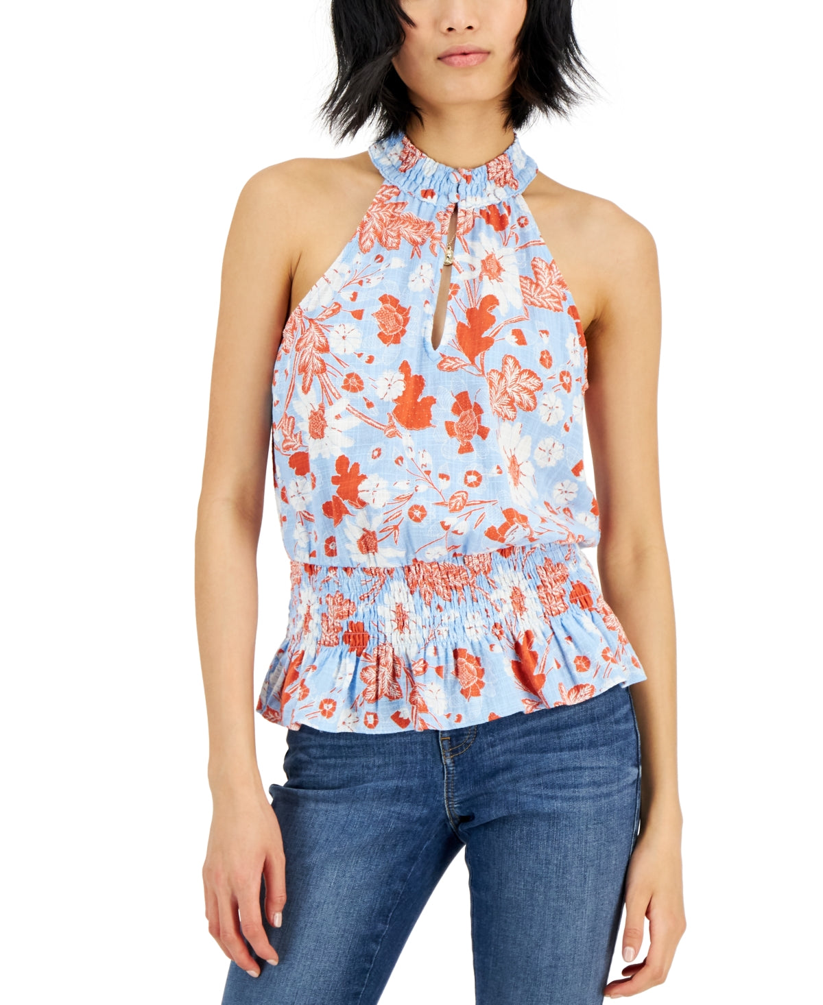 Blusa feminina estampada com gola falsa, tamanho extragrande, azul, da INC International Concepts
