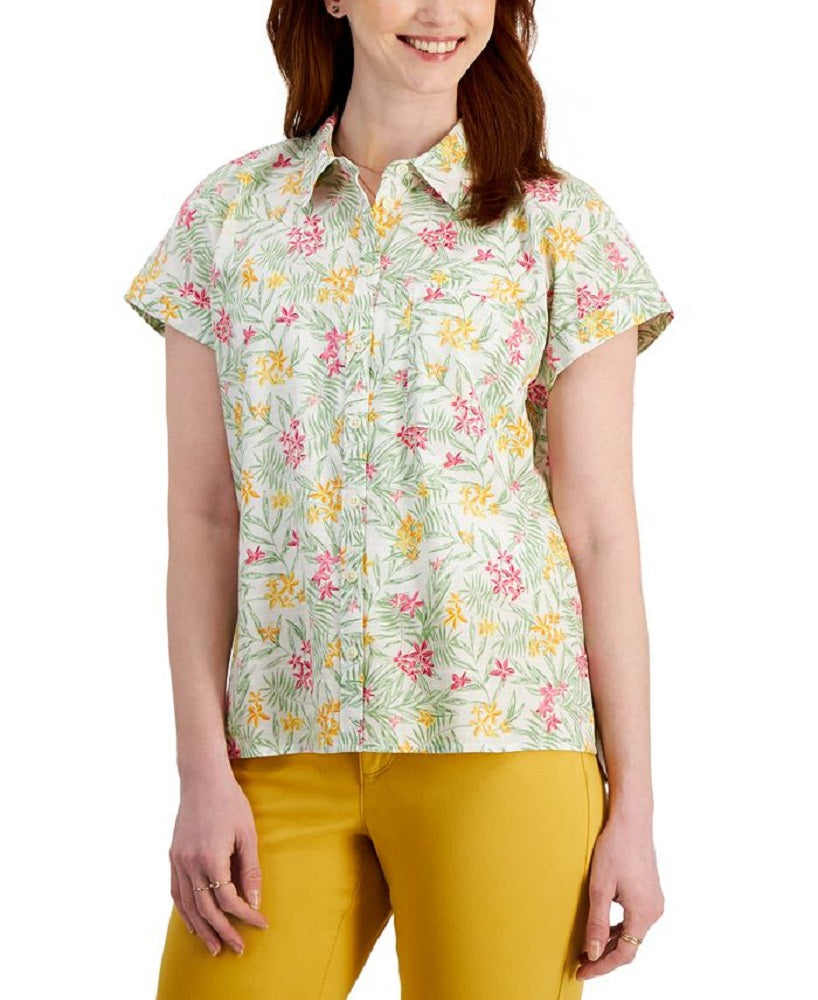 Camisa de acampamento feminina de algodão estampada Style &amp; Co, branca, tamanho grande