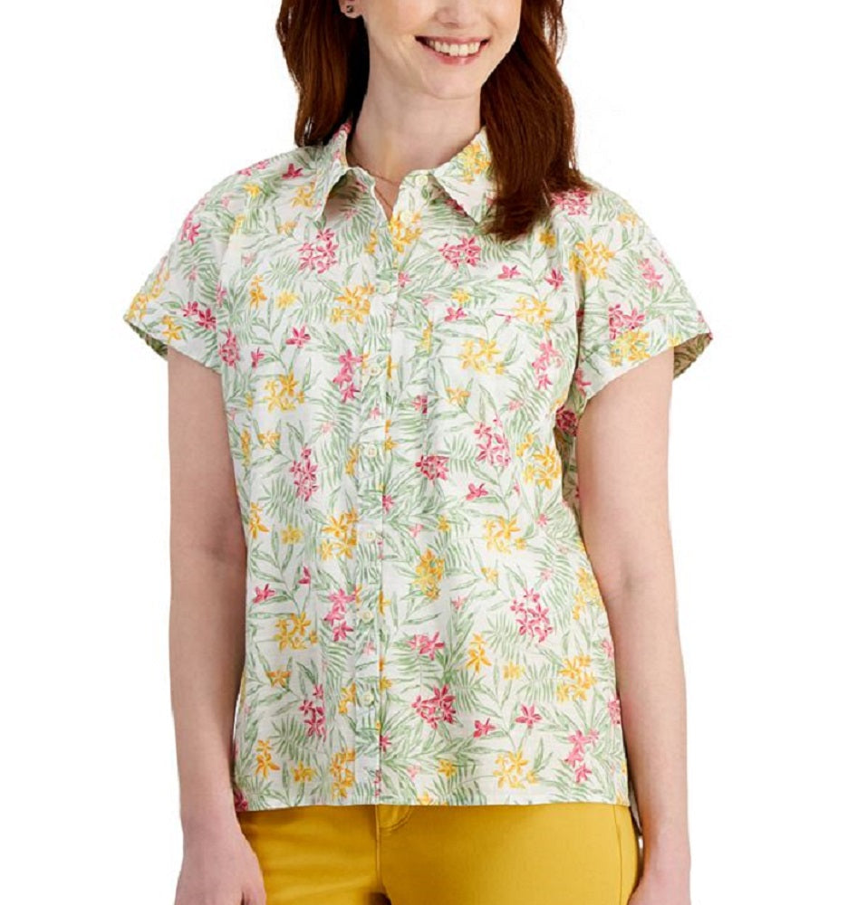 Camisa de acampamento feminina de algodão estampada Style &amp; Co, branca, tamanho grande