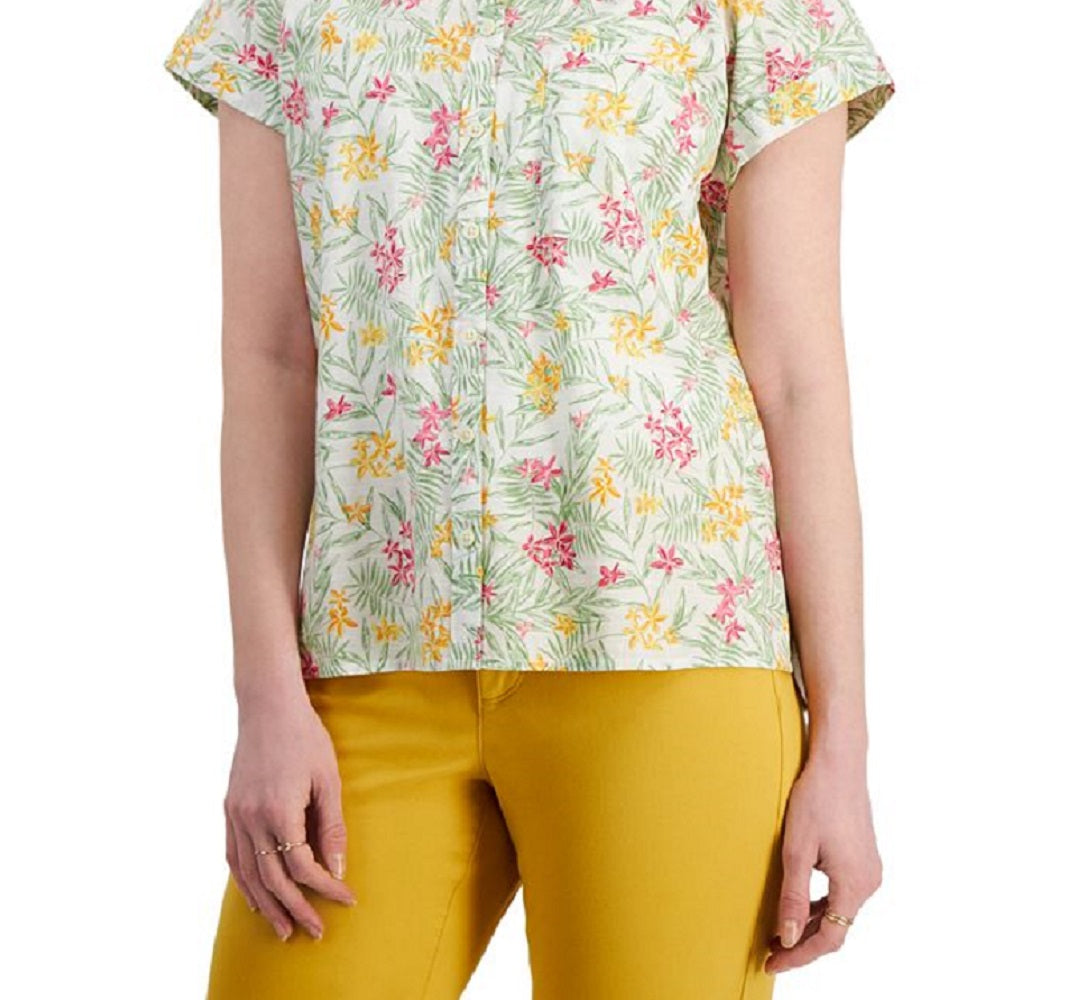 Camisa de acampamento feminina de algodão estampada Style &amp; Co, branca, tamanho grande