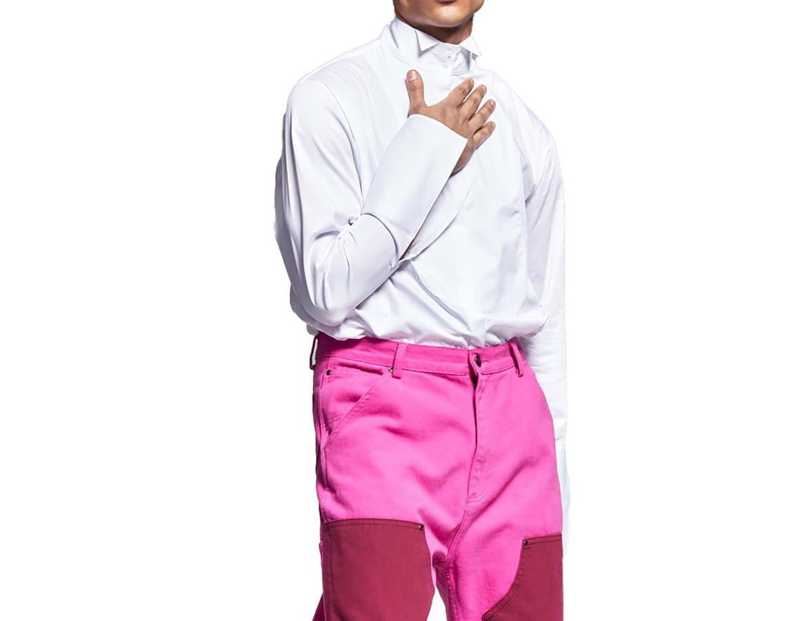 E agora esta calça masculina de pintor rosa tamanho 38