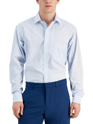Camisa social listrada de algodão regular fit masculina Club Room, azul, tamanho 17,5 x 34 x 35