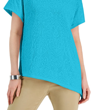 JM Collection Women's Crochet Asymmetrical Hem Top Blue Size Large