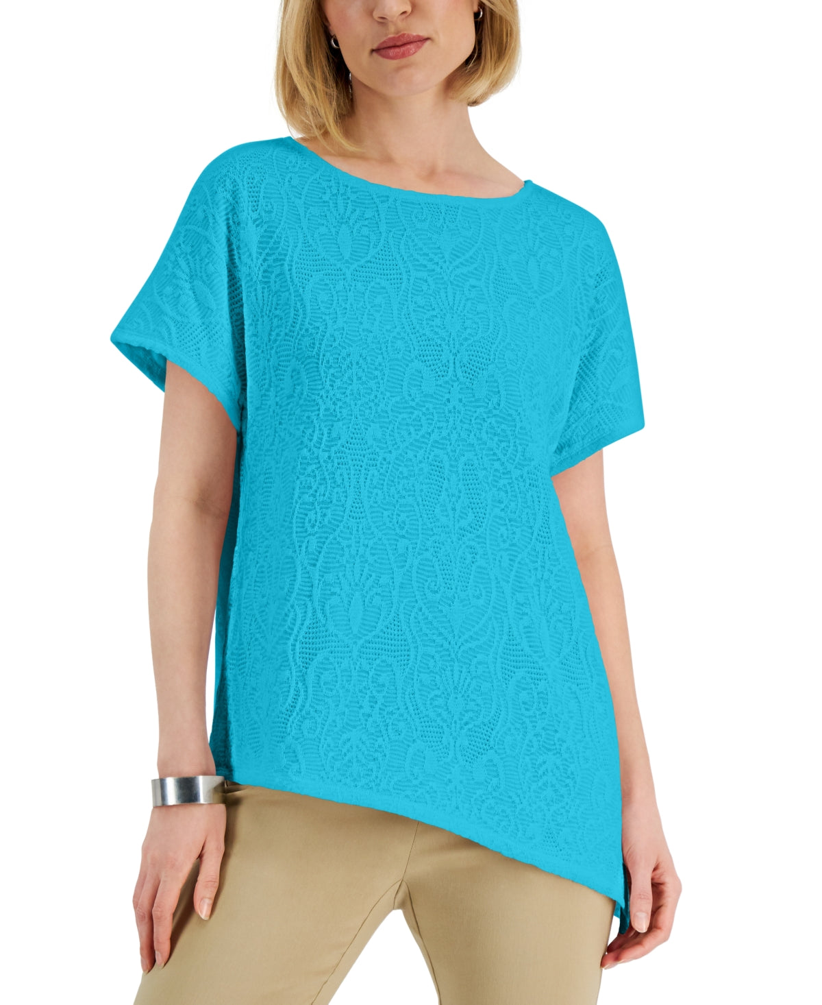 JM Collection Top Feminino Crochê Assimétrico Azul Tamanho Grande