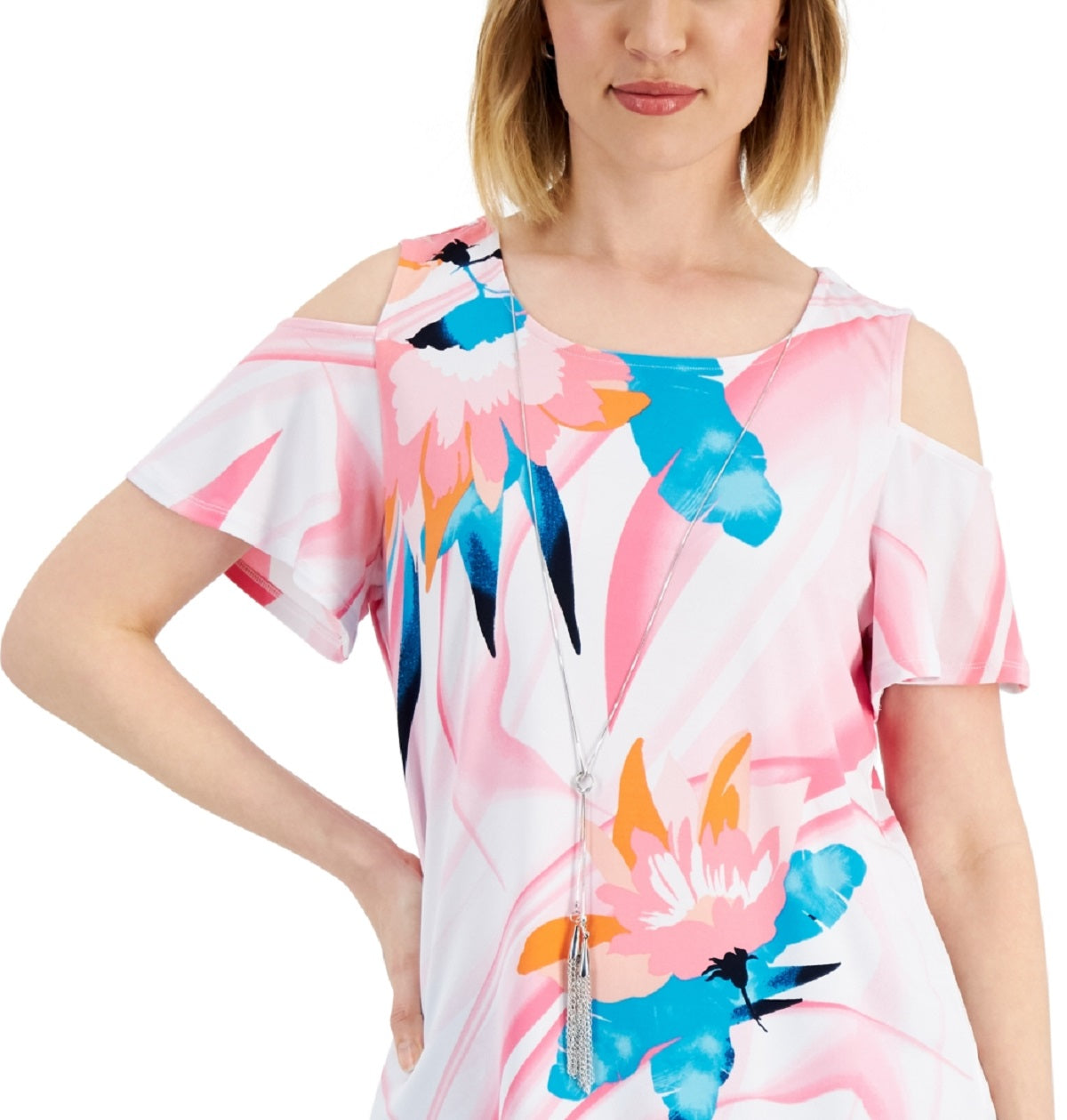 Blusa feminina estampada com ombros descobertos, rosa, tamanho pequeno, da coleção JM