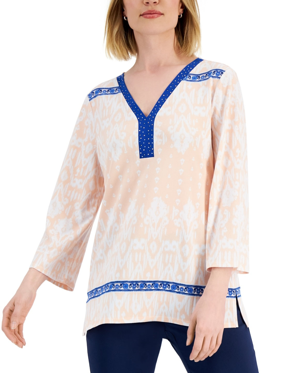 JM Collection Top ikat feminino com detalhes em rosa, tamanho X-S