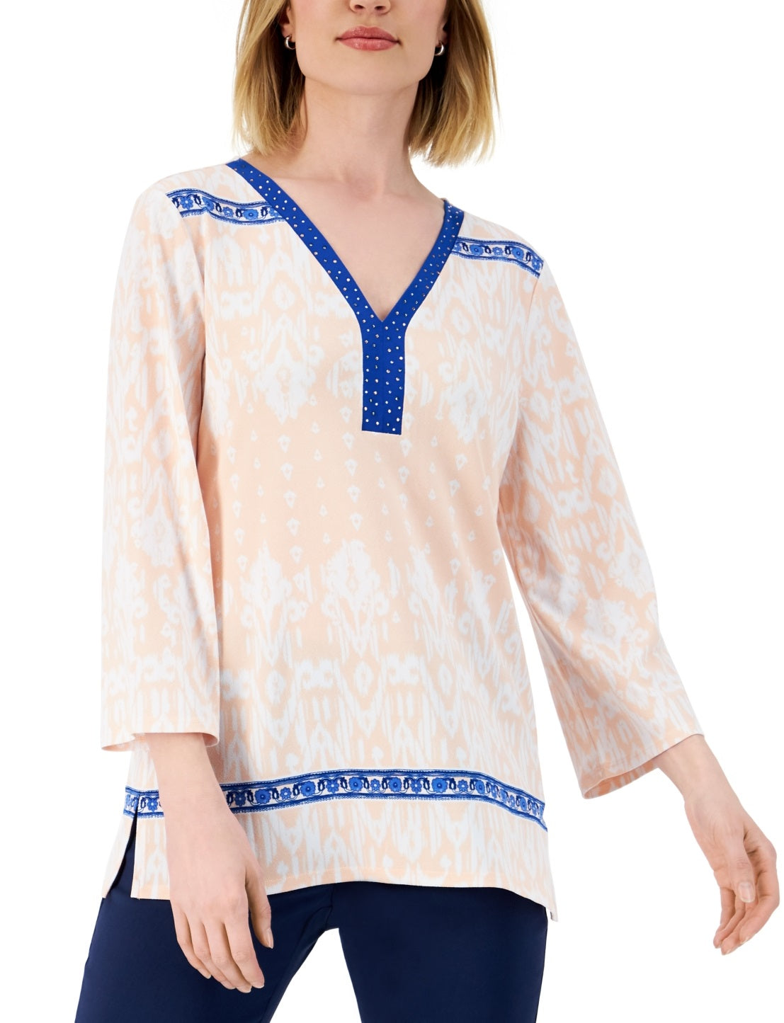 JM Collection Top ikat feminino com detalhes em rosa, tamanho X-S