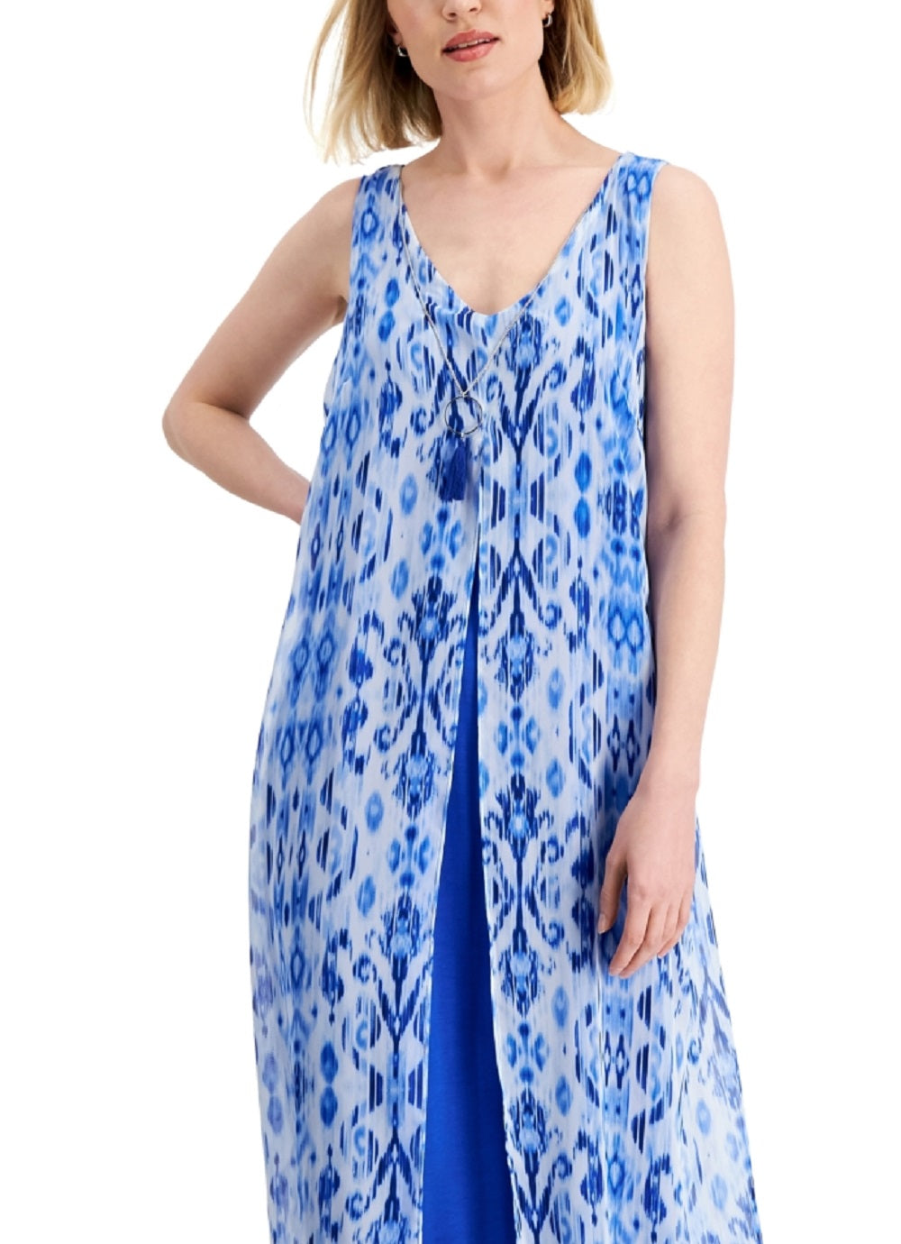 Vestido longo feminino estampado em chiffon com sobreposição, azul, tamanho médio, da coleção JM
