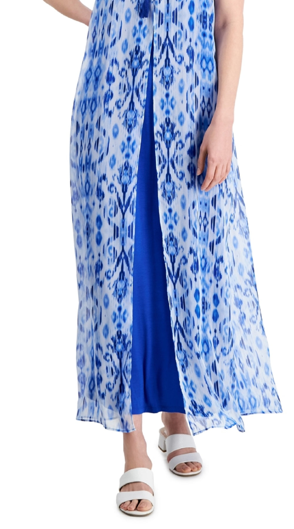 Vestido longo feminino estampado em chiffon com sobreposição, azul, tamanho médio, da coleção JM