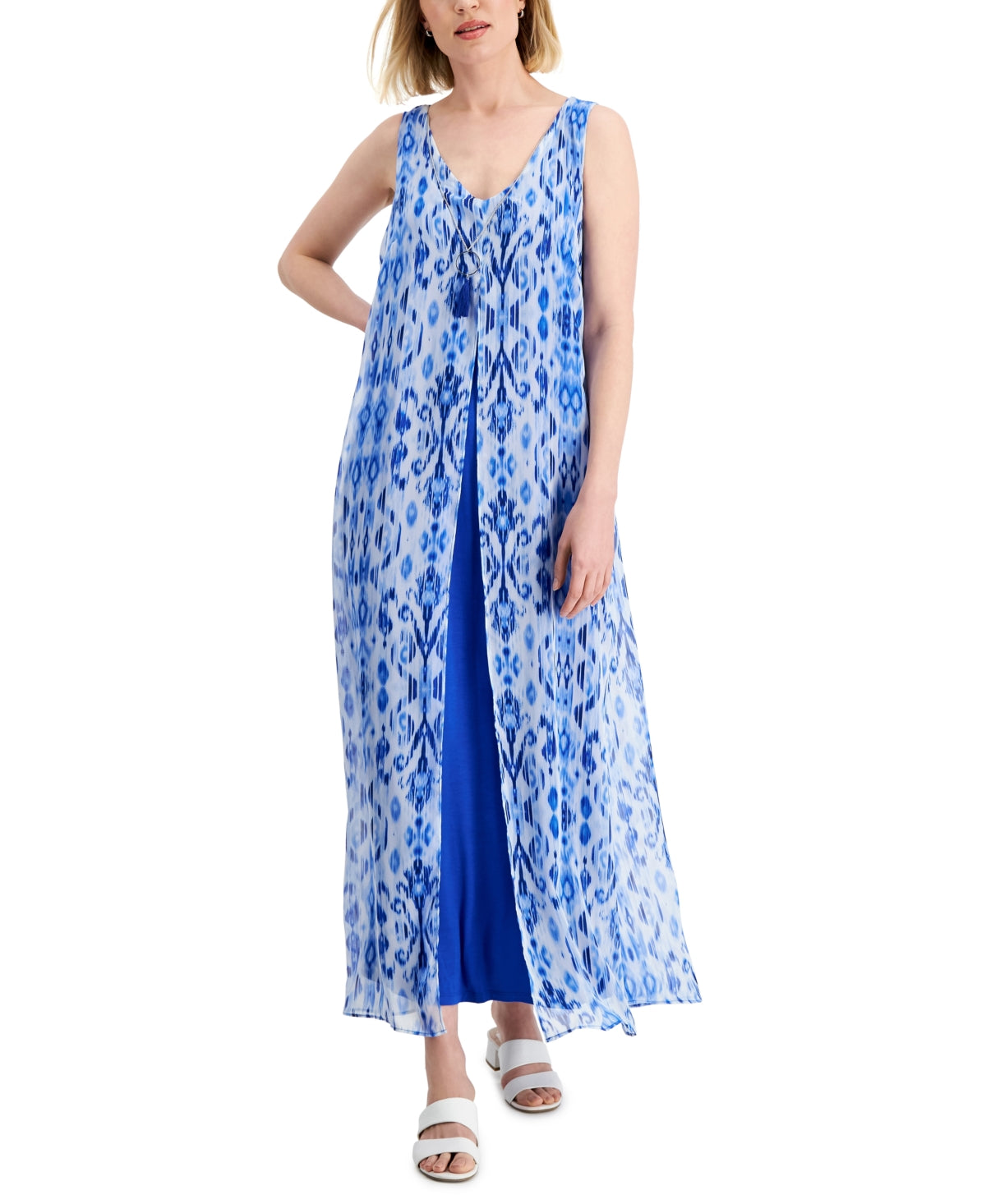 Vestido longo feminino estampado em chiffon com sobreposição, azul, tamanho médio, da coleção JM