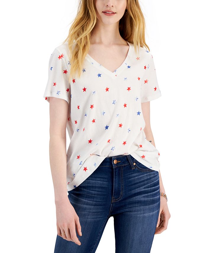 Camiseta feminina de algodão com estampa de estrela Style &amp; Co, branca, tamanho pequeno e pequeno