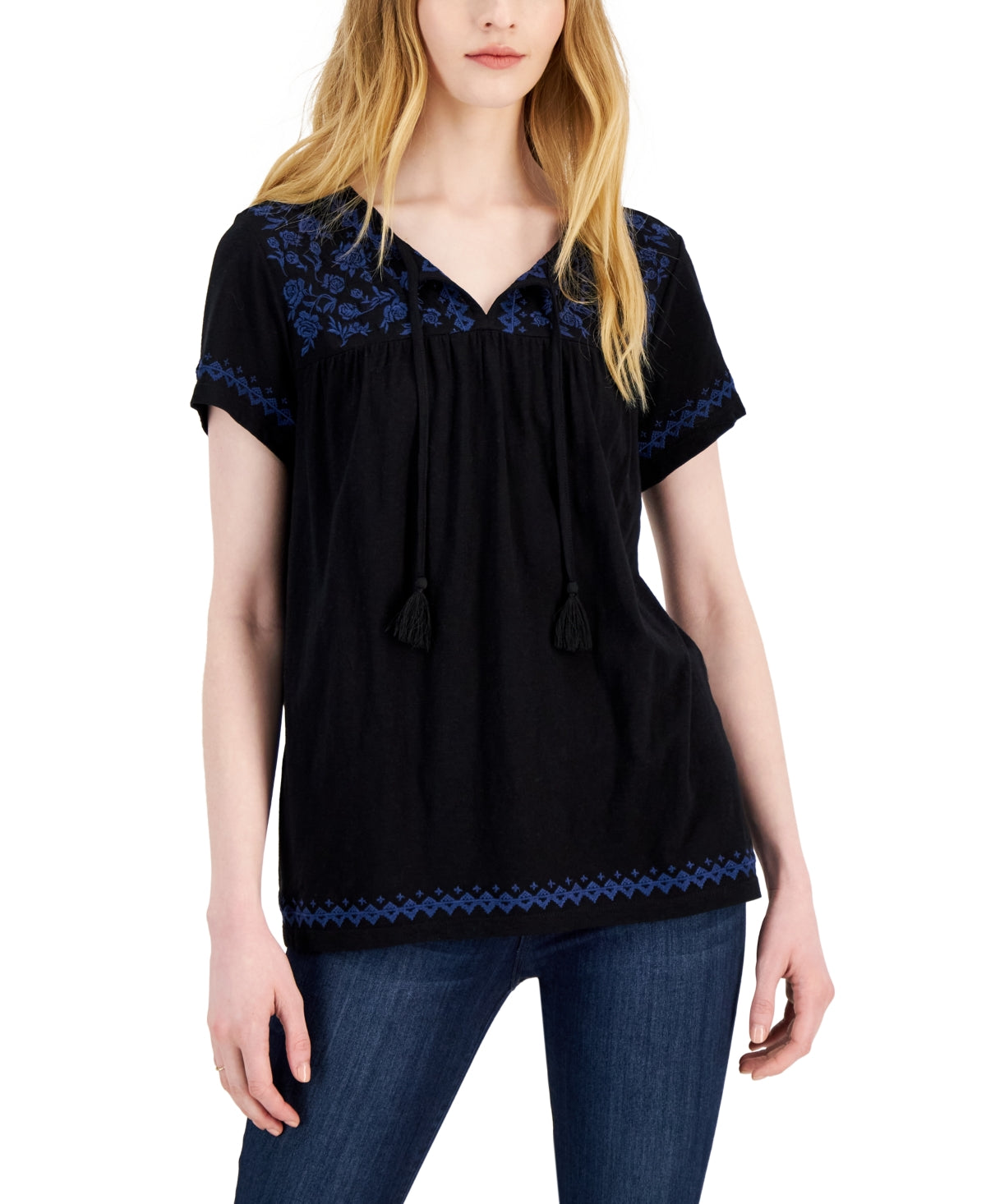Top feminino bordado com decote dividido, preto, tamanho pequeno, estilo &amp; co
