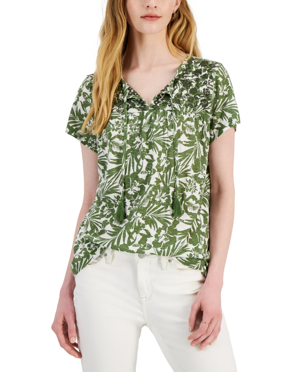 Blusa feminina com estampa e borla bordada e amarrada, estilo &amp; co, verde, tamanho médio