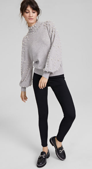 Suéter feminino de cashmere com pérolas e gola simulada, cinza, tamanho médio, Charter Club