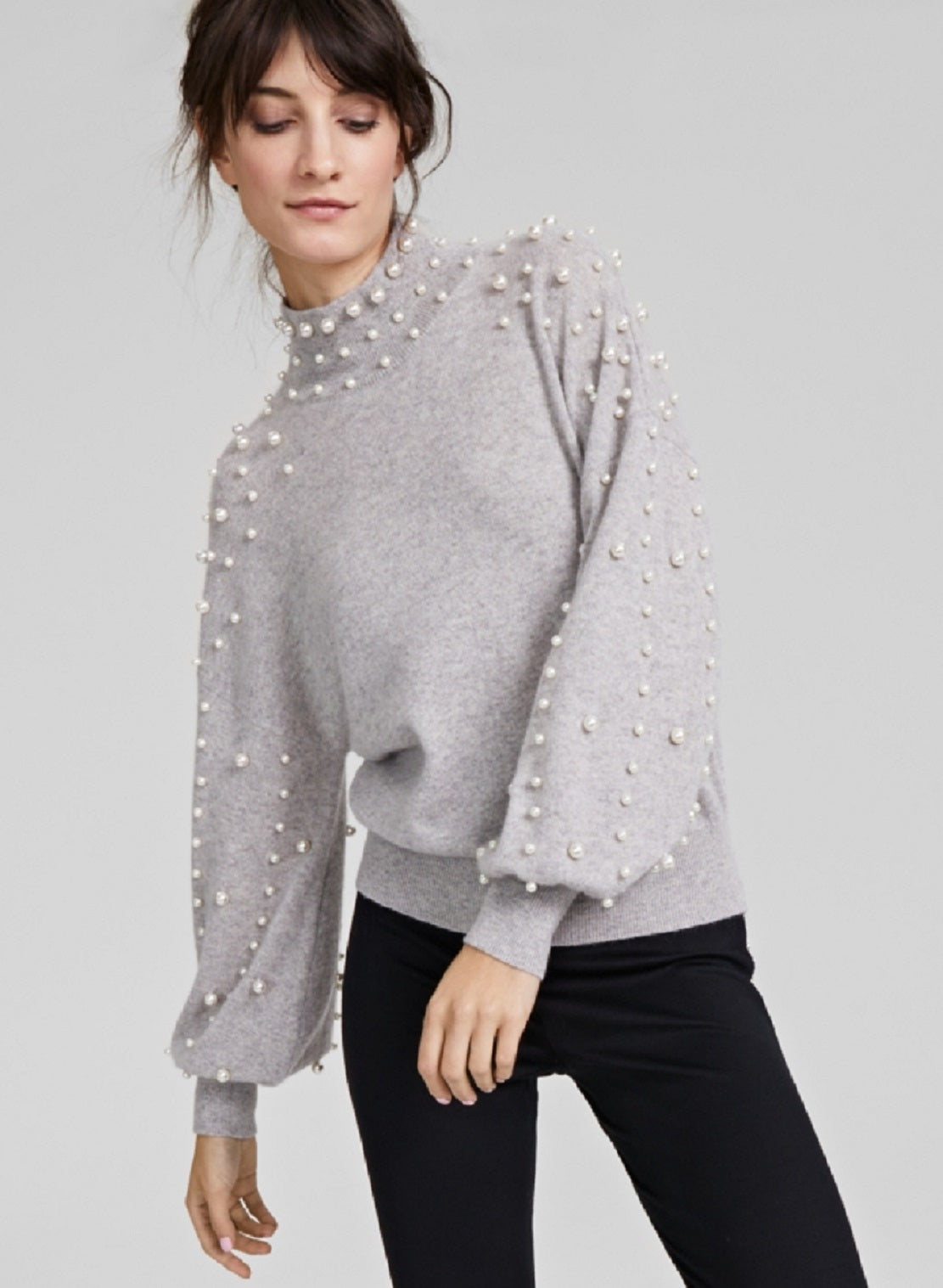 Suéter feminino de cashmere com pérolas e gola simulada, cinza, tamanho médio, Charter Club